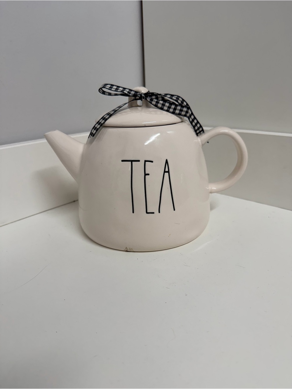 Rae Dunn Cream Ceramic TEA Teapot with Black Gingham Ribbon
